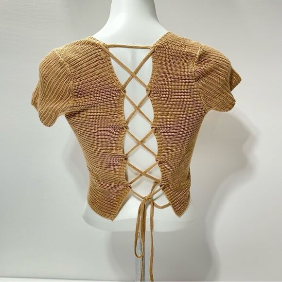 Jolie & Joy Knit Crochet Top Lace Up Back Crop Sweater L - Picture 1 of 13